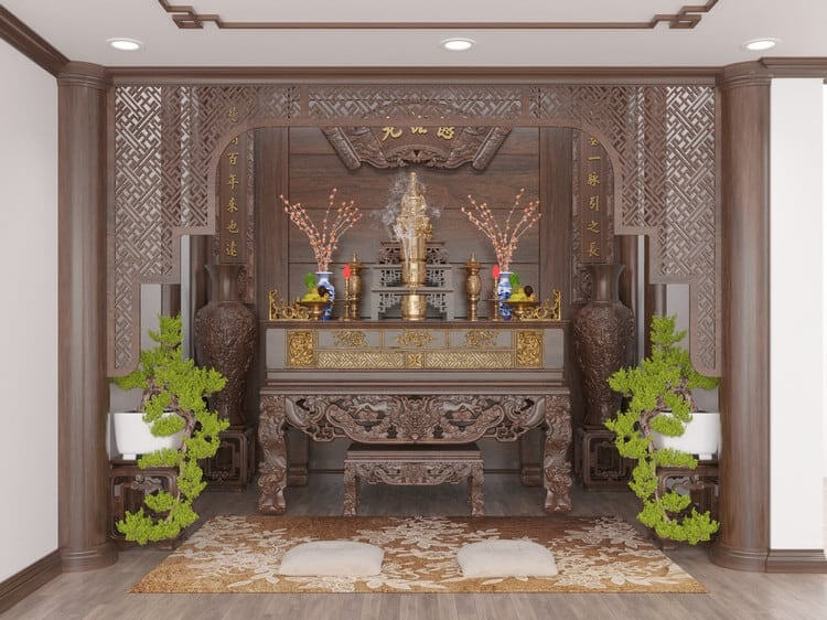 Phòng thờ truyền thống Việt Nam với bàn thờ gỗ chạm khắc tinh xảo và đồ thờ phong thủy.