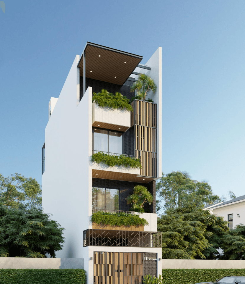 Nhà phố hiện đại 4 tầng với ban công xanh mát và thiết kế kiến trúc tối giản trong khu dân cư.