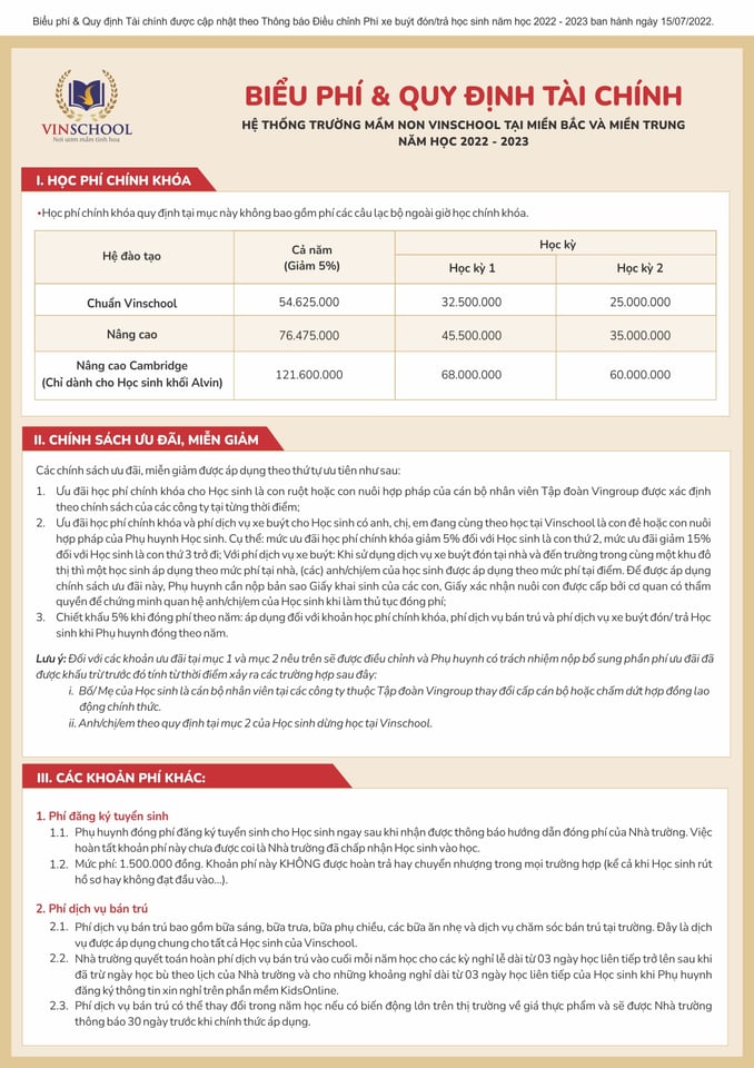 Học phí trường mầm non Vinschool Times City. Ảnh: Vinschool