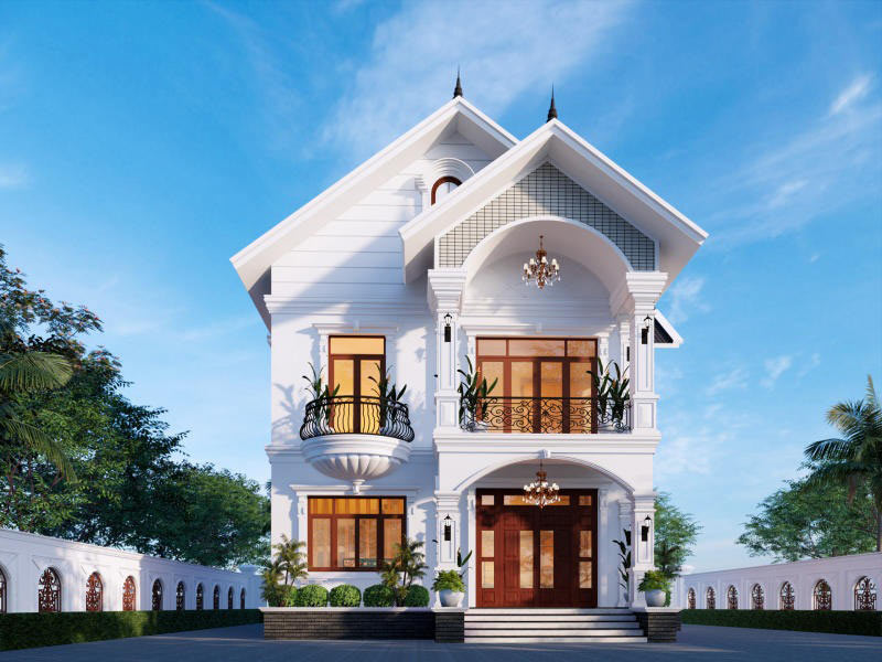 Mẫu nhà vuông 2 tầng tân cổ điển