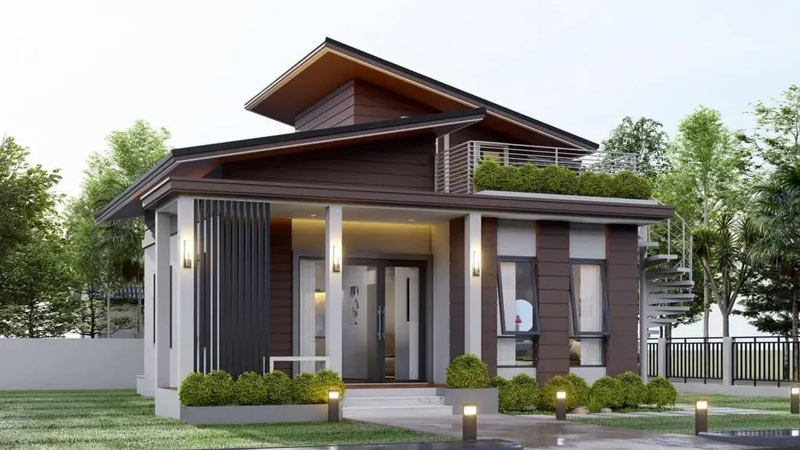 Mẫu nhà mái lệch đẹp có gác lửng