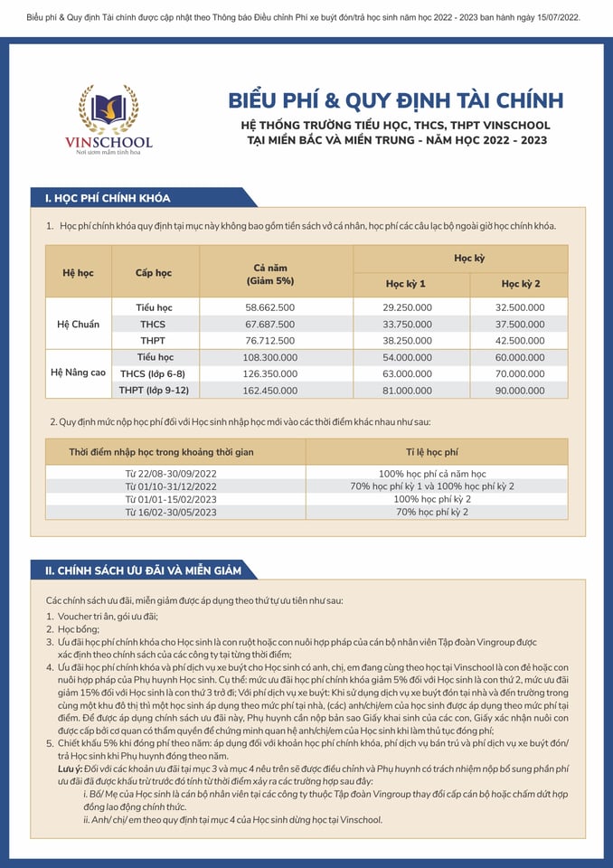 Học phí cấp trung học trường Vinschool Times City. Ảnh: Vinschool