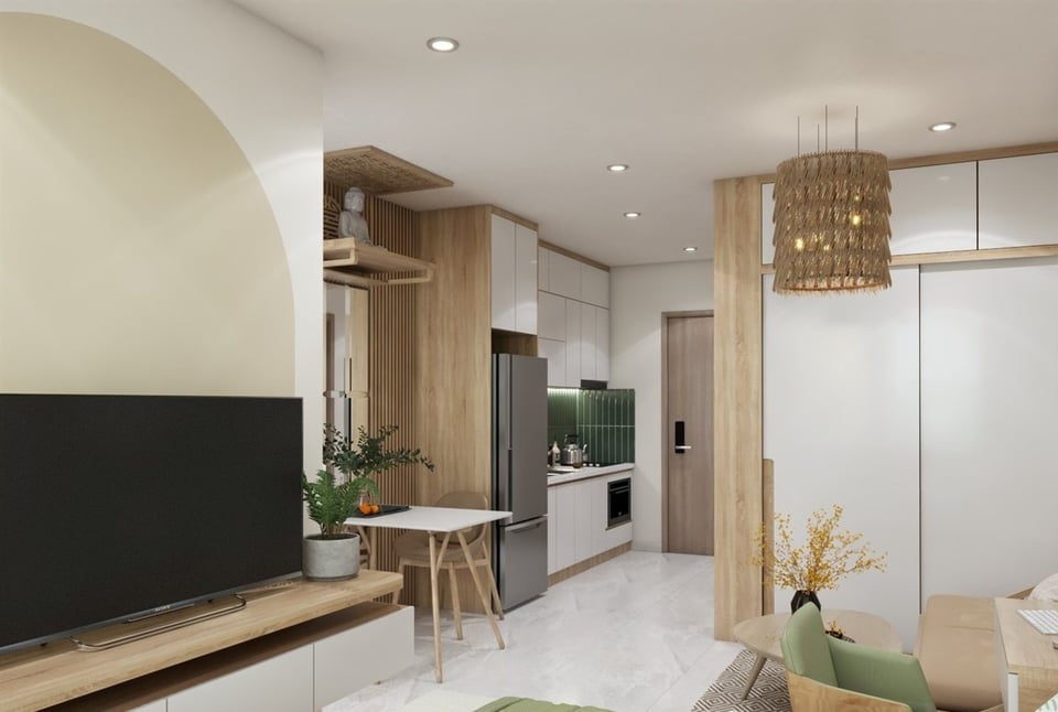 Gói gọn trong diện tích 28m2, thiết kế căn hộ studio tối giản, thông minh này vẫn bố trí đầy đủ từ giường, bàn làm việc, không gian tiếp khách và tủ đồ. Ảnh: Vinhomes Ocean Park