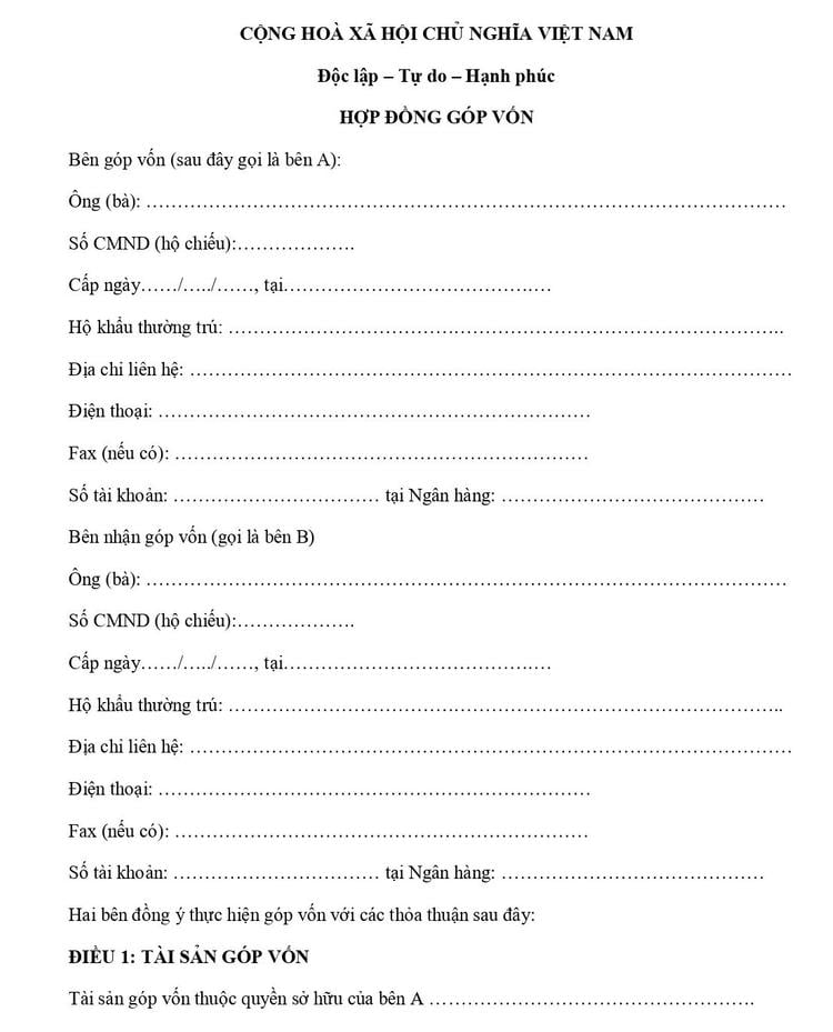 Mẫu hợp đồng góp vốn mua đất trang 1