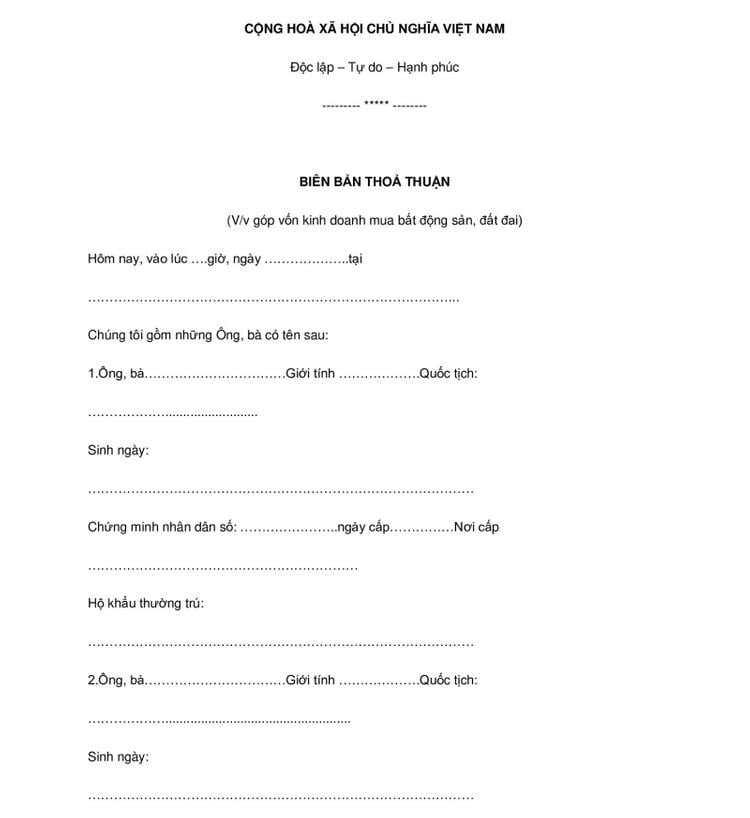 Mẫu biên bản góp vốn mua đất trang 1