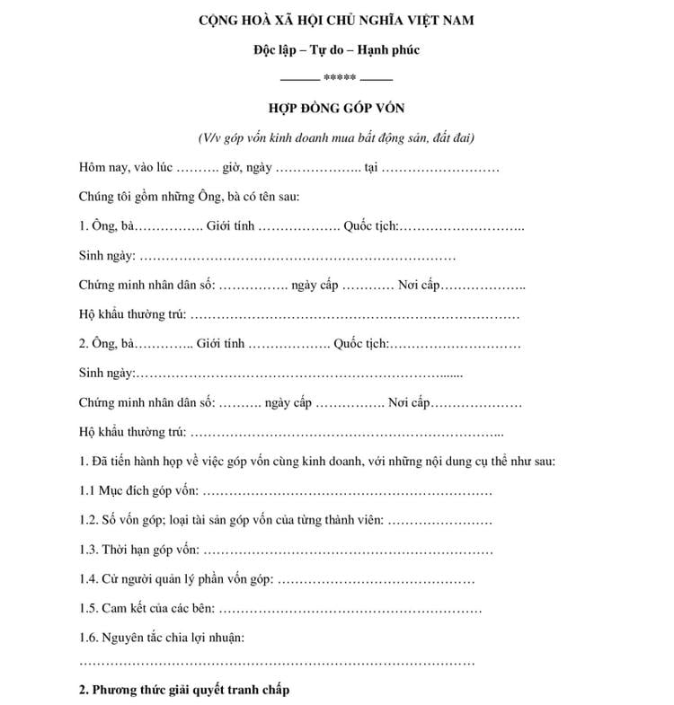 Mẫu hợp đồng góp vốn cho nhiều nhà đầu tư, trang 1