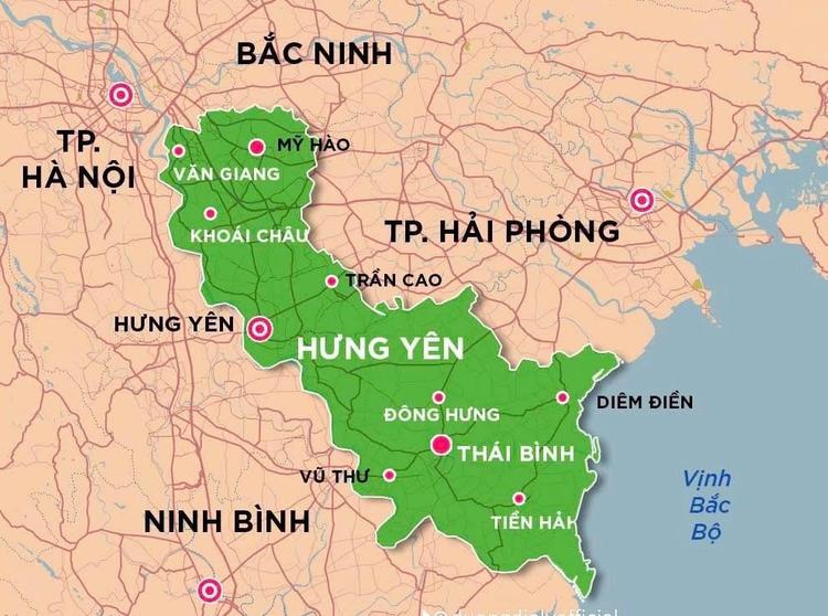 Bản đồ tỉnh Hưng Yên sau khi sáp nhập với tỉnh Thái Bình