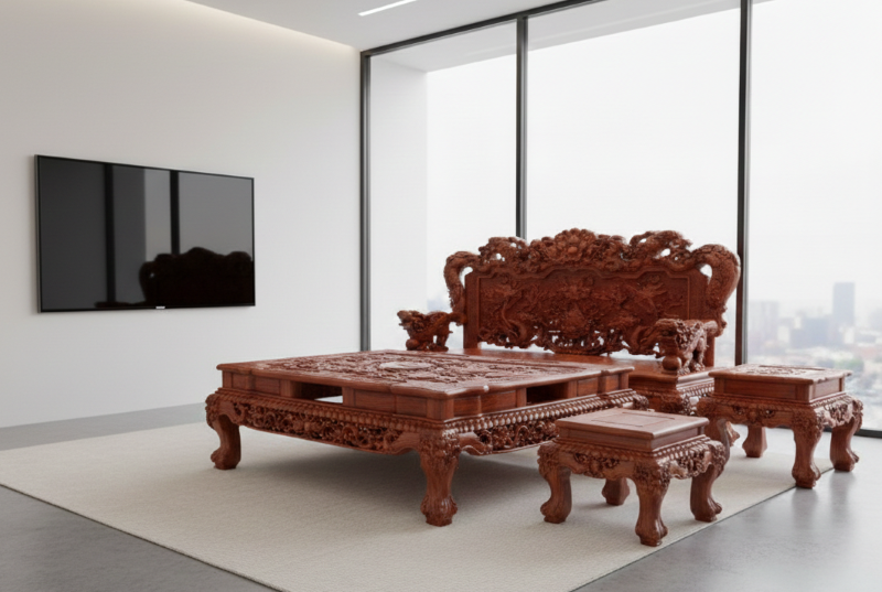 Bộ bàn ghế "rồng bay phượng múa", đục đẽo cầu kỳ chiếm trọn không gian phòng khách