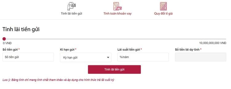Giao diện công cụ tĩnh lãi online của Agribank