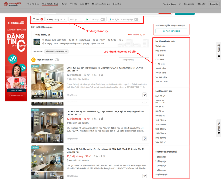 Lọc tin thuê chung cư tại Goldmark City 136 Hồ Tùng Mậu