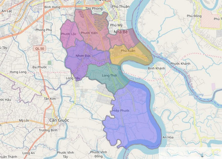 Bản đồ vị trí địa lý và đơn vị hành chính huyện Nhà Bè