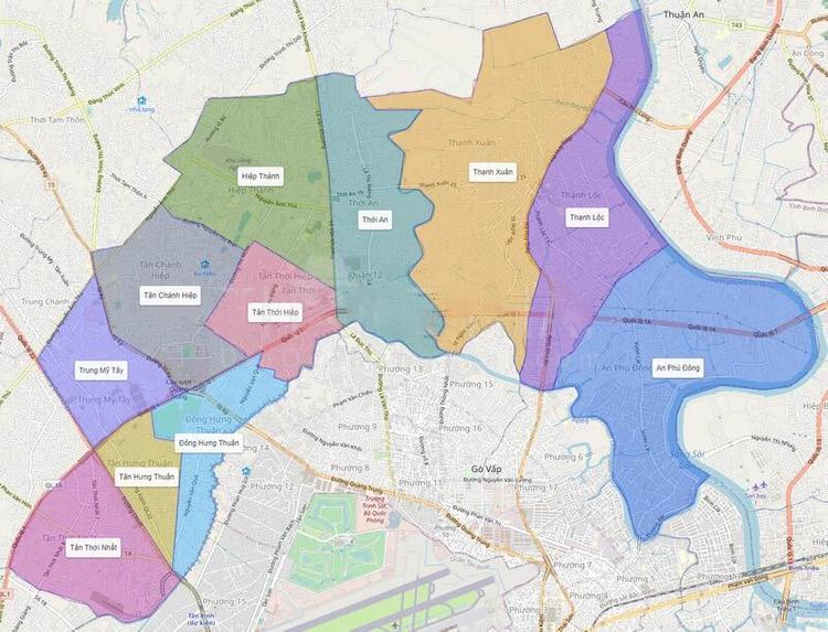 Bản đồ phân chia 11 phường thuộc địa phận quận 12